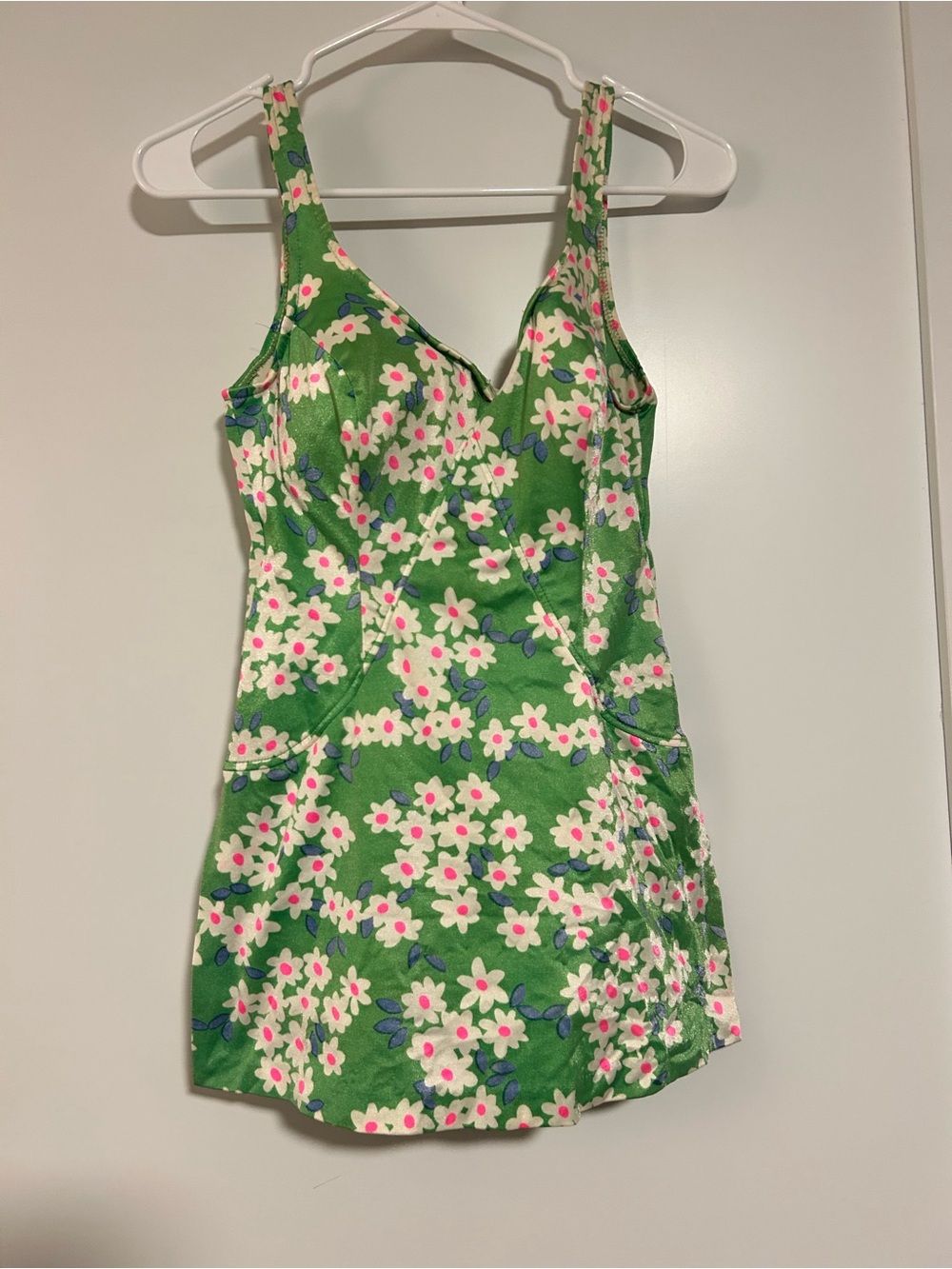 Vintage Jantzen Green Floral One-Piece Swim Dress with Pink Accents